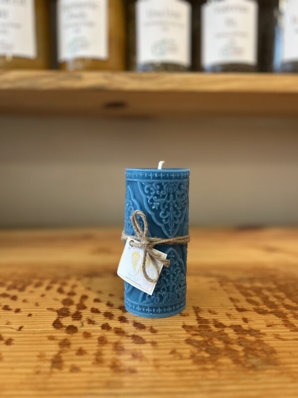 Candle (Blue) - Embroidered Lace Pillar Candle